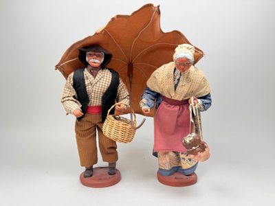 deux figurines représentant des personnes avec des parapluies sur fond blanc