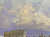 painting of a group of people playing in the snow on a beach