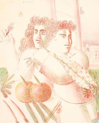 a drawing of two women standing next to each other