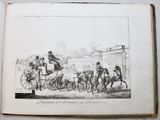 an old book with a drawing of a man riding a horse drawn carriage