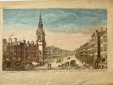 drawing of a view of a city street with a clock tower in the distance