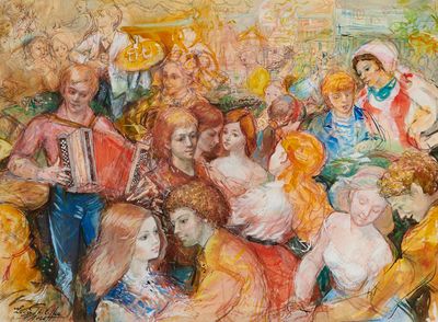 une peinture représentant un groupe de personnes assises sur un canapé