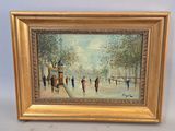 une peinture à l'huile représentant une scène de rue avec des personnes marchant dans la rue