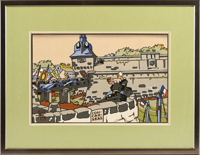 tableau représentant un homme à cheval devant un château