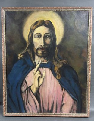 a painting of jesus holding his hands up in front of his face