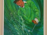 une peinture à l'huile représentant un homme jouant au golf sur un fond vert