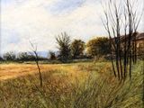 une peinture à l'huile représentant un champ avec une clôture et une maison au loin