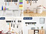 quatre images différentes d'ustensiles de cuisine accrochés au mur