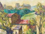 une peinture à l'huile représentant un village avec un toit rouge et un champ vert