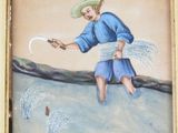a picture of a painting of a man holding a frisbee