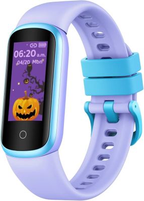 a purple and blue smart watch with a halloween theme on the screen