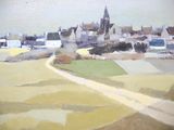 a painting of a view of a town from a hill