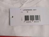 white t - shirt with a red stripe and a white tag on it