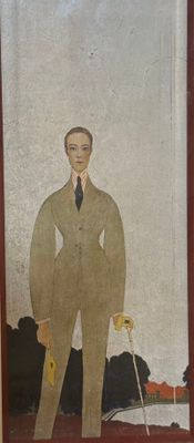 un tableau représentant un homme en costume-cravate accroché au mur