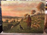 un tableau représentant un homme et un chien dans un champ avec des moutons