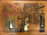 a painting of a group of people walking down a street