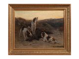 une image représentant un tableau où l'on voit trois chiens dans un paysage