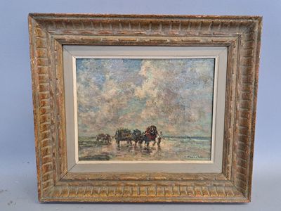 tableau représentant deux chevaux tirant une charrette sur une plage