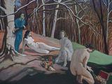 a painting of a group of naked people in a wooded area