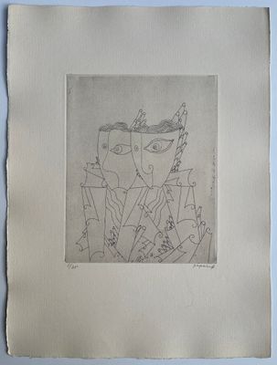 a drawing of a man with a bird on his head