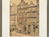 an image of a drawing of a city street with buildings and a horse drawn carriage