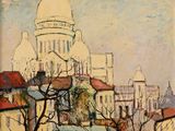 peinture représentant une vue de ville avec une église en arrière-plan