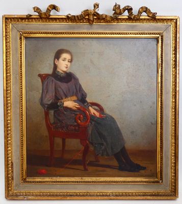 tableau représentant une femme assise sur une chaise, avec un chat sur les genoux