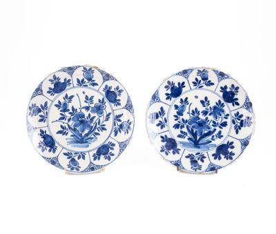 deux assiettes bleues et blanches ornées de fleurs et de feuilles