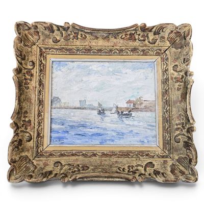 an oil painting of a boat in a body of water with buildings in the background