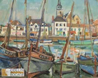 Honfleur, Normandie le port gouache. Déchirure. Porte uen si…