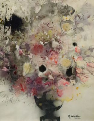 une peinture de fleurs dans un vase sur une table