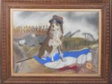 un tableau représentant un chien assis sur une couverture