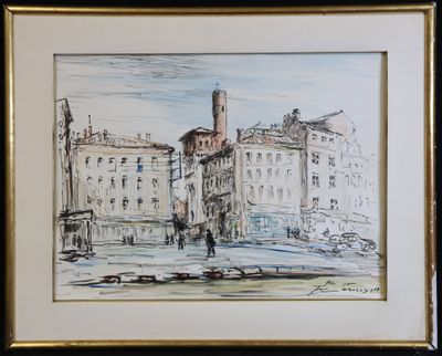 peinture d'une scène de rue avec une tour d'horloge en arrière-plan