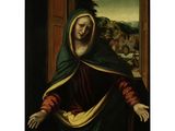 an image of a painting of a woman in a green cloak