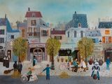 a painting of a street scene with people walking and riding bikes