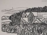 an image of a drawing of a crowd of people standing in front of a church