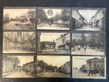 several old black and white photographs of a town street