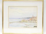 une image représentant une aquarelle d'une ville au bord de la mer