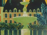 an image of a painting of a fountain in front of a building