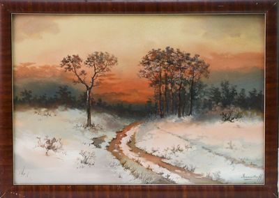 tableau représentant un paysage enneigé avec des arbres et une route au premier plan