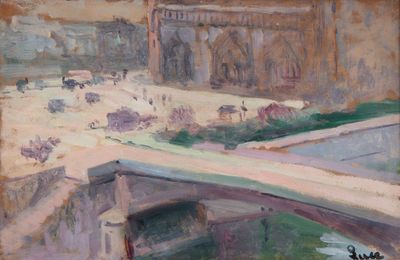 peinture représentant un tableau représentant un pont au-dessus d'une rivière, avec un bâtiment en arrière-plan