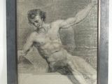 painting of a male nude in a black frame on a white wall