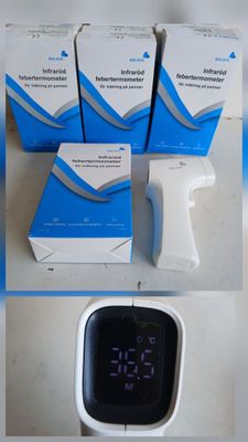 four different images of a digital thermometer and a box of thermometer