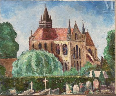 une peinture à l'huile représentant une église avec un arbre devant