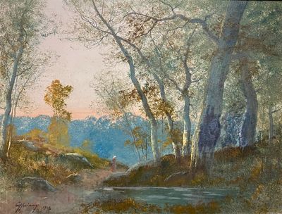 un tableau représentant un ruisseau traversant une zone boisée