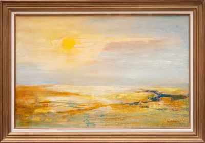 une peinture à l'huile représentant un champ jaune avec un chien au loin