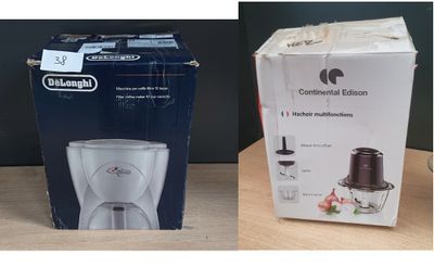 two pictures of a box and a blender sitting on a table