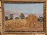 an oil painting of a field with a pile of hay in the foreground