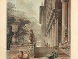 un vieux dessin représentant un homme et une femme assis sur les marches d'un immeuble