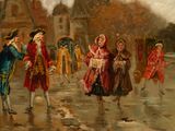 a painting of a group of people walking down the street